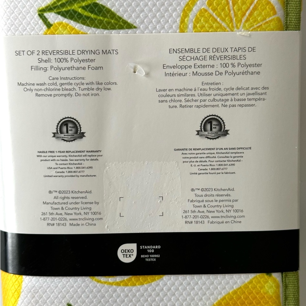 KitchenAid 2 Pc Set Drying Mats Yellow Lemons NEW WITH TAGS. Reversible - Picture 6 of 6